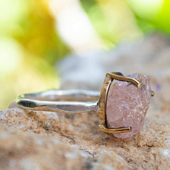 Raw Morganite 14k Gold and Silver Solitaire Ring Size 5.5 - Picture 3 of 5